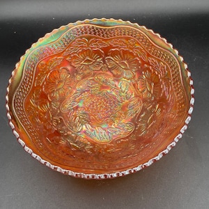 1915 Fenton Two Flowers Footed Marigold Carnival Glass Bowl