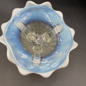 Vintage Northwood White and Blue Klondyke Opalescent Glass Footed Bowl/Dish