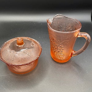 Vintage Pink Depression Glass Pitcher/Creamer with Grape/Grapevine Design   sugar with grape and lid