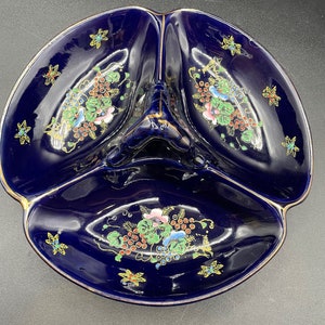 Plato dividido japonés floral azul cobalto de cerámica