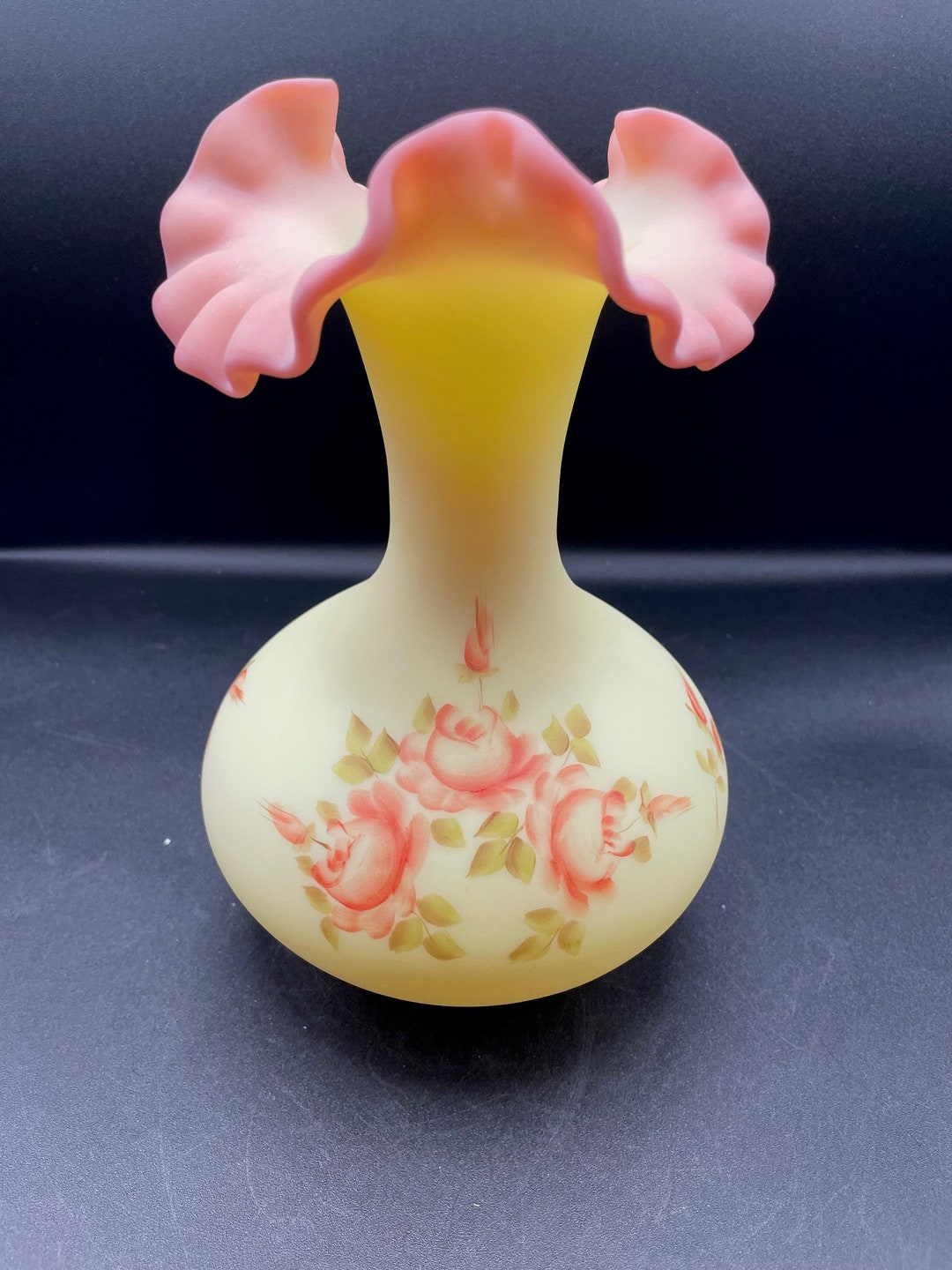 Fenton Hand Painted Roses on Yellow and Pink Burmese Crimped Glass