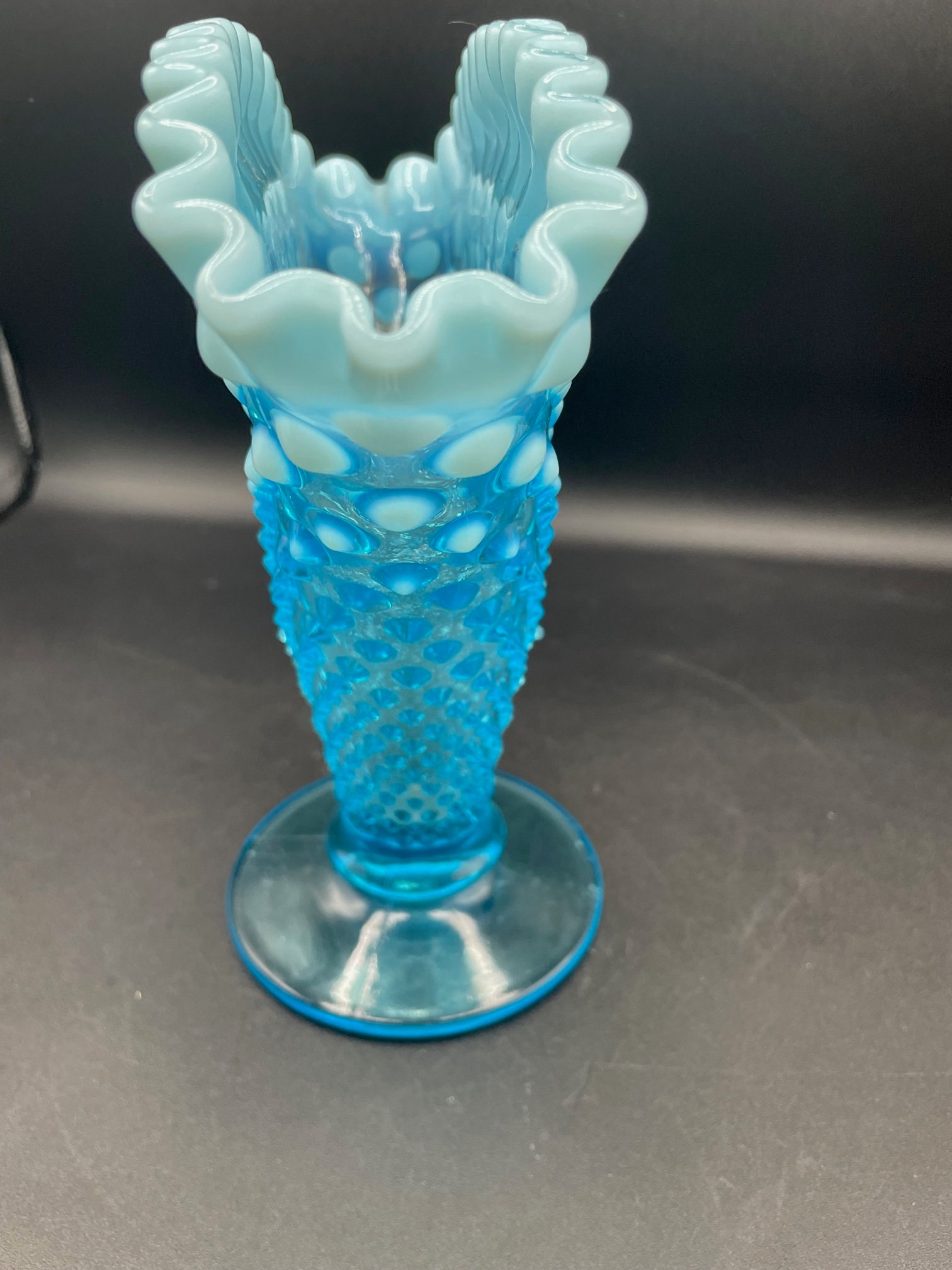Fenton Aqua Blue Iridescent Hobnail Fan Crimped/ruffled Tall 8