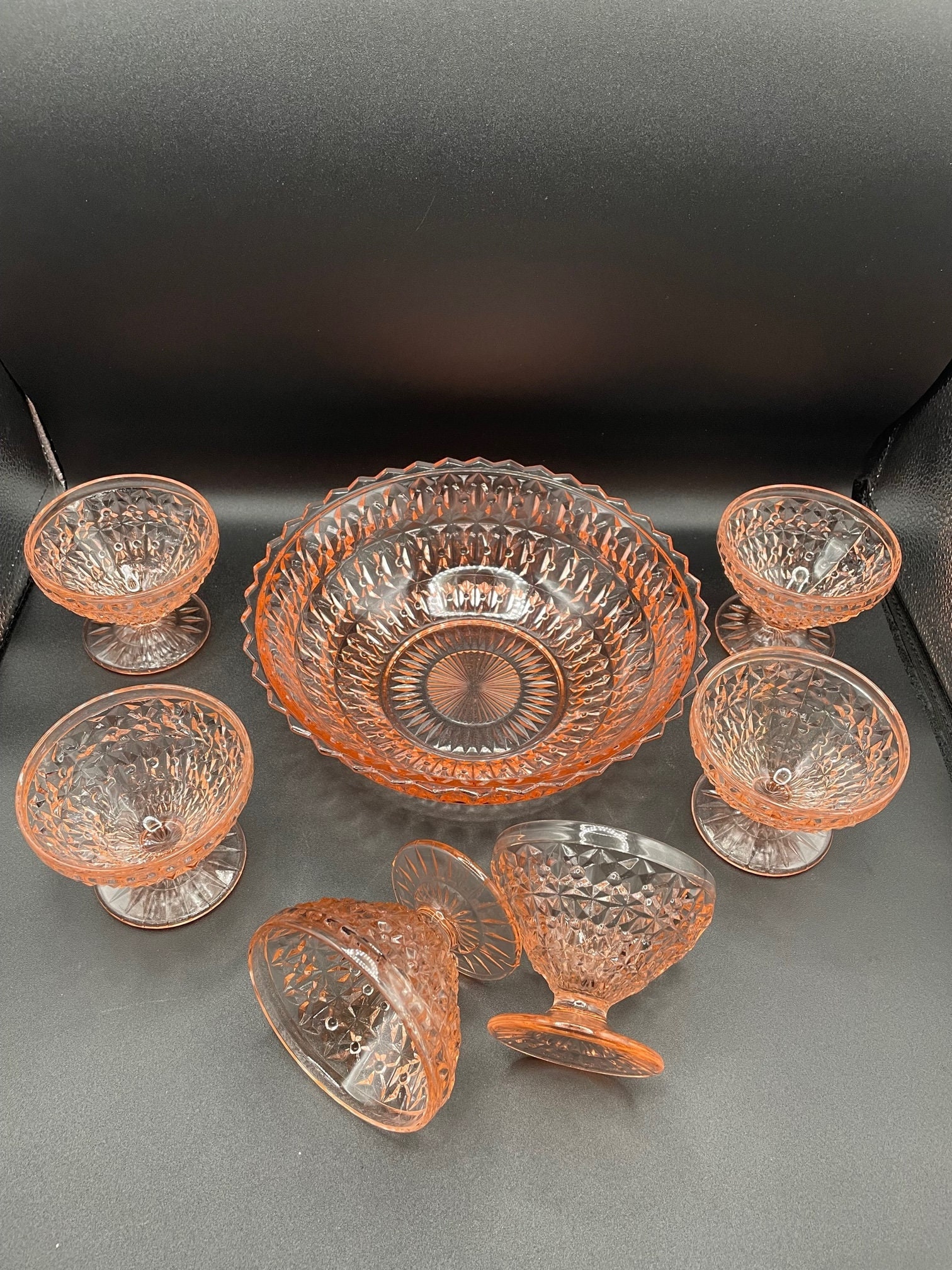 Jeannette Glass Windsor Serving bowl and 6 dessert pedestal cups