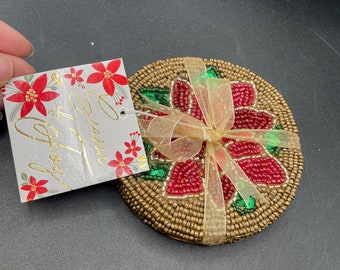 Conjunto de 4 posavasos con cuentas hechos en India Christmas Poinsettias