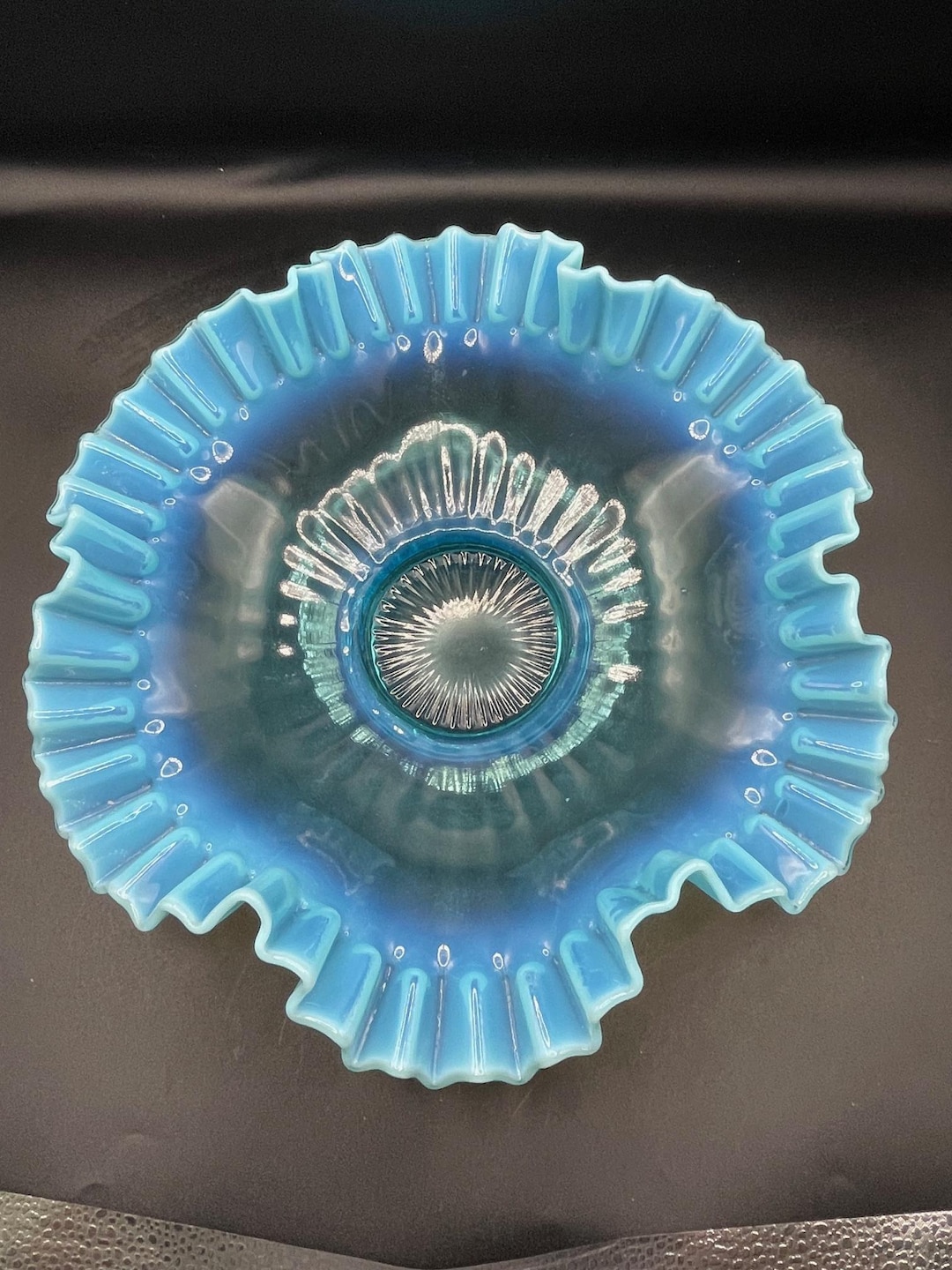 Vintage Fenton Large Blue Opalescent Ruffled Glass Bowl - Etsy
