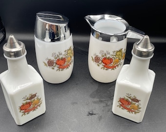 Corningware Milk Glass Spice of Life Vinegar, oil, small syrup pitcher and sugar