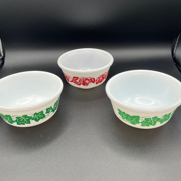 Vintage Hazel Atlas Milk Glass Bowls -Ivy leaves and strawberries