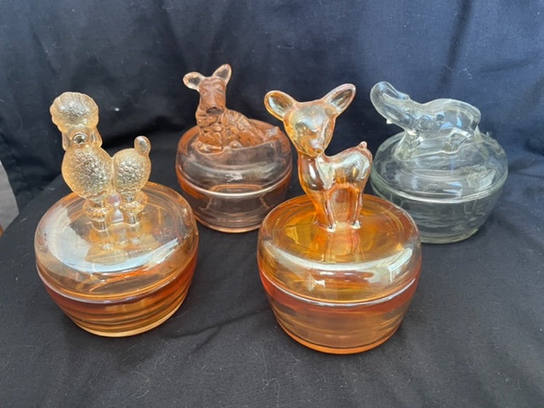Vintage Glass Powder/trinket Jar/poodle/elephant/scottie/deer