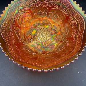 1915 Fenton Two Flowers Footed Marigold Carnival Glass Bowl