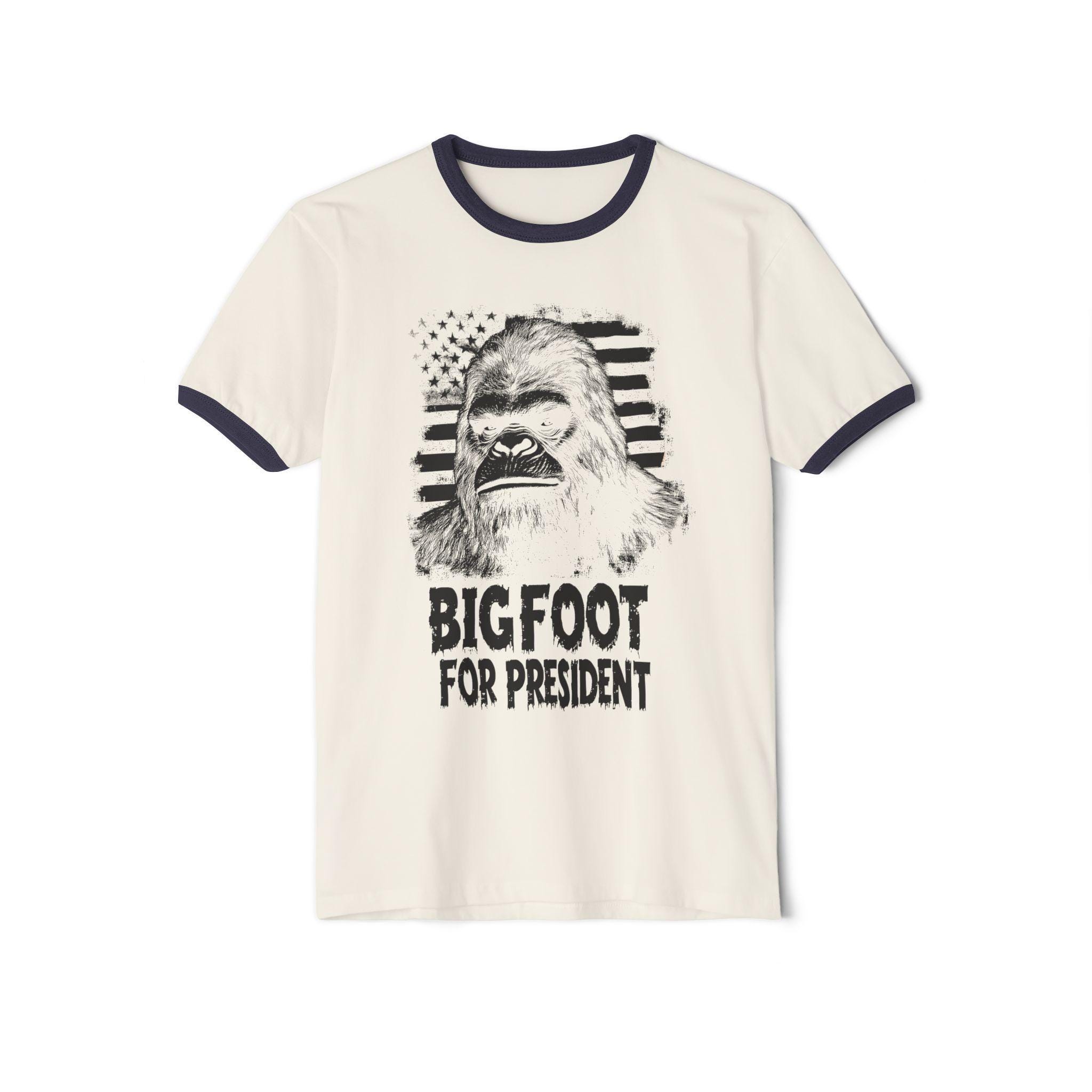 Funny Bigfoot Ringer T-Shirt, Unisex Cotton Tee, Graphic Tee for Fans, Novelty Gift for Occasions, Quirky Political Apparel