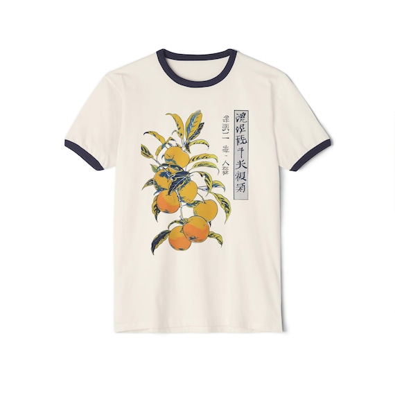 Japanese Retro Peach Ringer T-Shirt, Casual Summer Tee, Gift for Garden Lovers, Retro Style Shirt, Relaxed Fit Top, Perfect