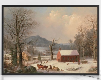 Imprimible Red School House Winter Landscape Pintura al óleo, Art Print, Canvas Print, Gallery Wall Prints, Wall Art