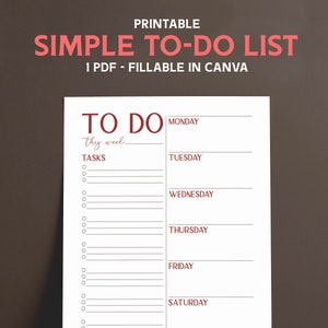 Clean To Do List Red- Fillable in Canva Weekly Task Setter Goal Setter Schedule Stay at Home Mom Self Employed Hole Punch Minimalist PDF