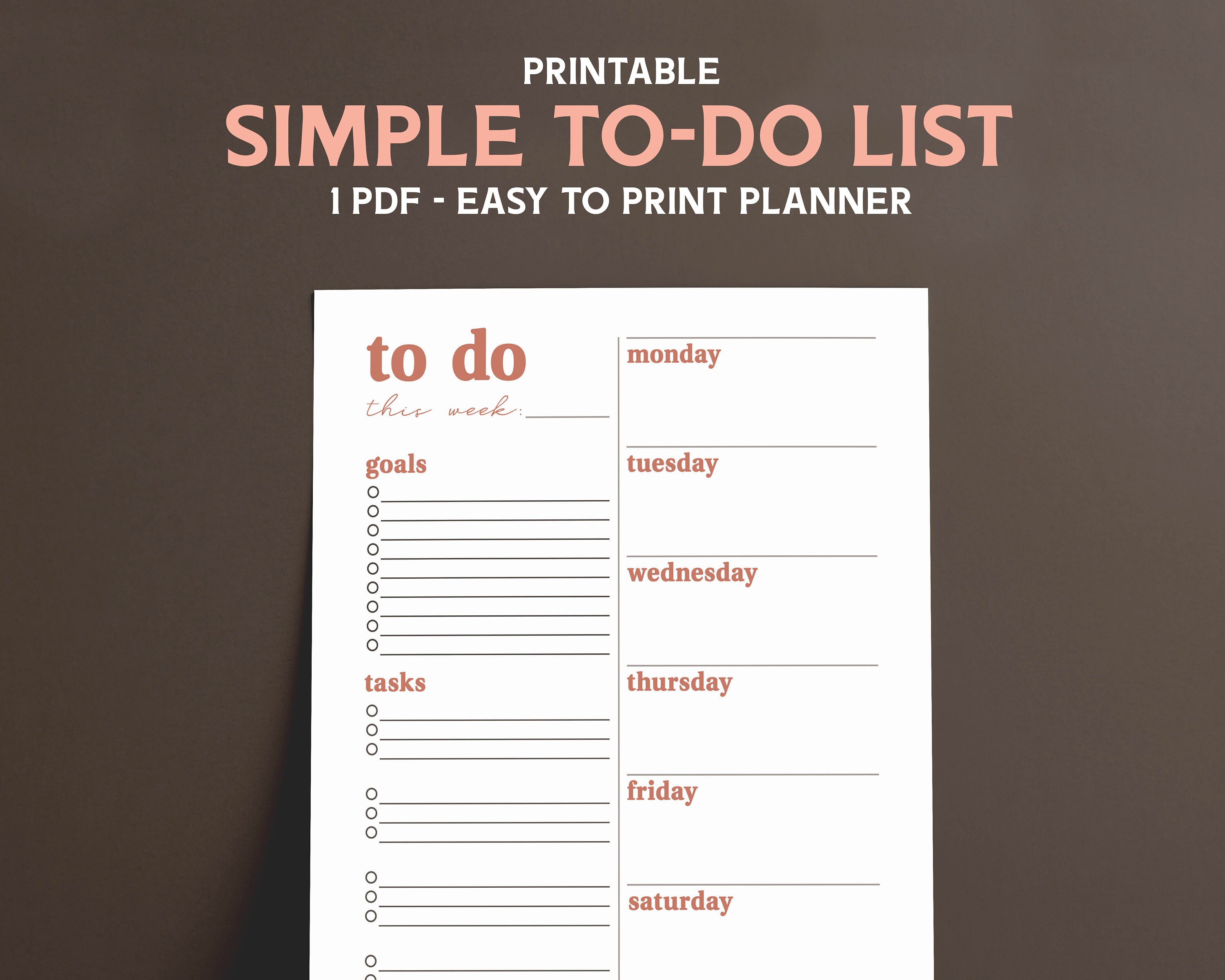 Simple to Do List Coral- Easy to Print Weekly Task Setter Goal Setter ...