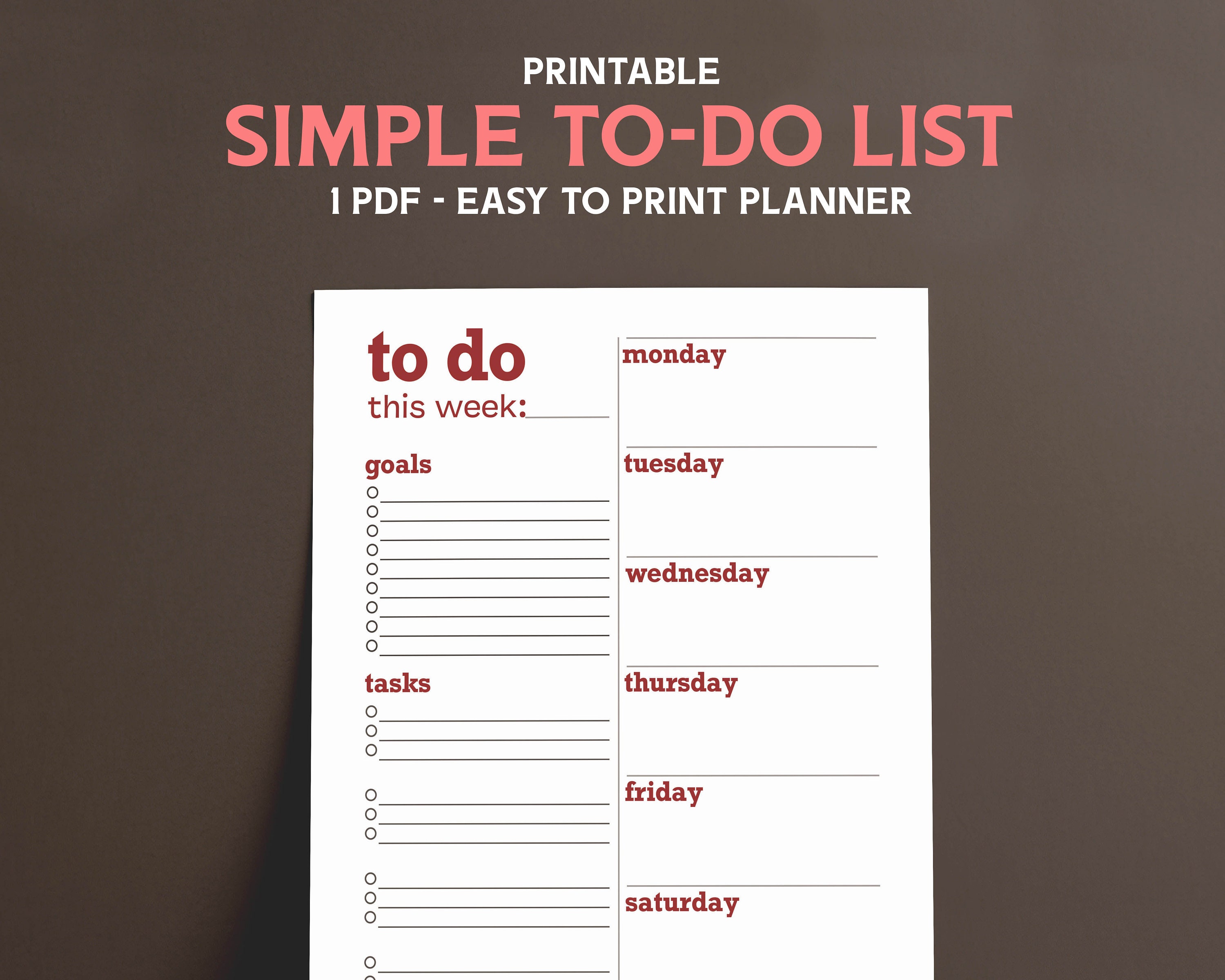 Simple to Do List Red Weekly Goal Schedule Stay at Home Mom Hole Punch  Minimalist Instant Download PDF - Etsy