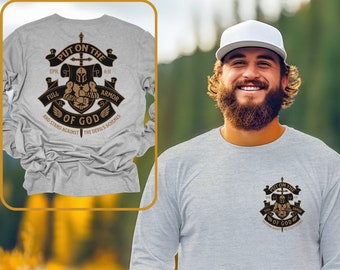 Armor of God Mens Christian Long Sleeve Put on the Full Armor of God Shirt for Men Vintage Christian Apparel Christian Back Graphic Tshirt