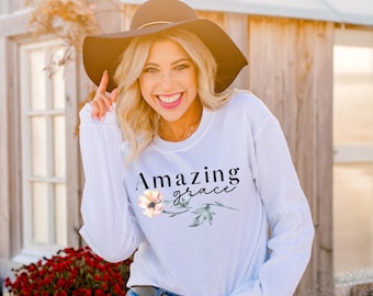 Amazing Grace Christian Sweater Christian Graphic Sweatshirt Cute Trendy Christian Hymn Shirt Grace Tee Gift for Christian Women Faith Jesus