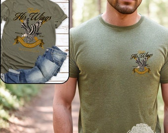 Under His Wings You Will Find Refuge Mens Christian Graphic T-shirt Mens Vintage Christian Tshirt Psalm 91 Mens Jesus Apparel Fathers Day