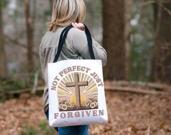 Not Perfect Just Forgiven Christian Tote Bag Worship Tote for Her Cute Trendy Christian Tote Christian Retro Tote for Her Easter Tote Bag
