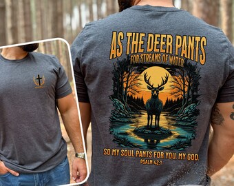 As A Deer Pants For Water Mens Christian Graphic T-shirt Mens Vintage Christian Hunting T-shirt Psalm 42 Mens Jesus Apparel Fathers Day Gift