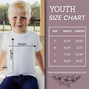 May include: Youth size chart for t-shirts with measurements in inches. Sizes include S, M, L, and XL. Width and length measurements are provided for each size.
