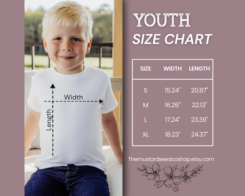 May include: Youth size chart for t-shirts with measurements in inches. Sizes include S, M, L, and XL. Width and length measurements are provided for each size.