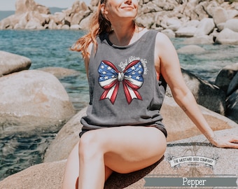 God Bless America Christian 4th of July Tank Top  Comfort Colors Tank Her Cute Trendy Christian Tee  Christian Coquette Bow Tank Top for Her