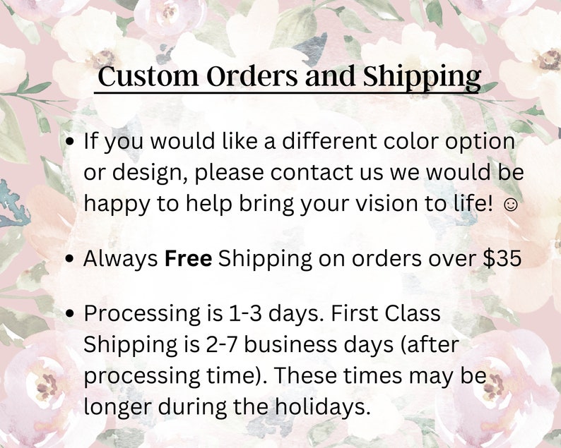 Pu&ograve; includere: Informazioni su ordini personalizzati e spedizione. Se desideri un'opzione di colore o un design diverso, contattaci. Saremo lieti di aiutarti a dare vita alla tua visione! Spedizione gratuita per ordini superiori a $35. L'elaborazione richiede da 1 a 3 giorni. La spedizione di prima classe richiede da 2 a 7 giorni lavorativi (dopo l'elaborazione). Questi tempi potrebbero essere pi&ugrave; lunghi durante le festivit&agrave;.