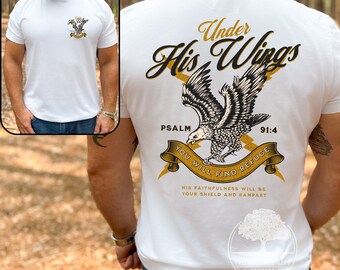 Under His Wings You Will Find Refuge Mens Christian Graphic T-shirt Mens Vintage Christian Tshirt Psalm 91 Mens Jesus Apparel Fathers Day