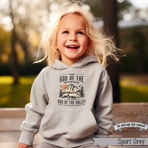 Puede incluir: Una sudadera con capucha gris con un dise&ntilde;o gr&aacute;fico que presenta una escena de monta&ntilde;a y el texto "The God of the Mountain is the God of the Valley".