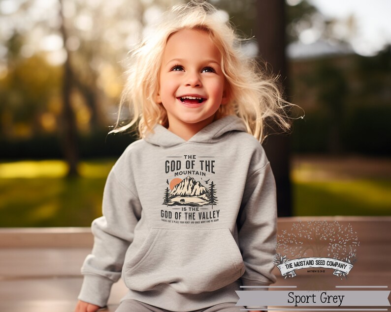 Puede incluir: Una sudadera con capucha gris con un dise&ntilde;o gr&aacute;fico que presenta una escena de monta&ntilde;a y el texto "The God of the Mountain is the God of the Valley".