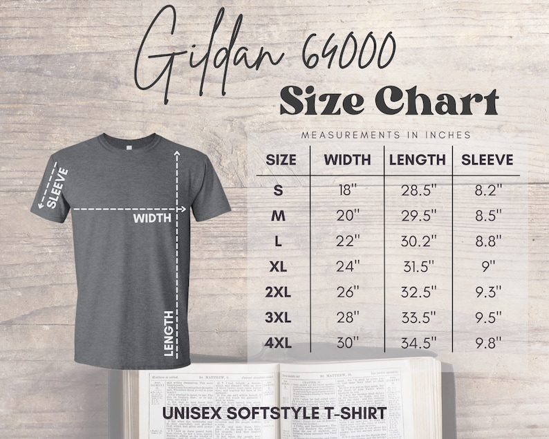 Może przedstawiać: Tabela rozmiar&oacute;w dla unisexowych t-shirt&oacute;w Gildan 64000 softstyle. Tabela pokazuje wymiary w calach dla szerokości, długości i długości rękawa dla rozmiar&oacute;w od S do 4XL.