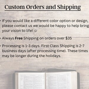 May include: Text on a woodgrain background with the heading "Custom Orders and Shipping". The text explains that customers can contact the seller for custom orders and that free shipping is offered on orders over $35. The text also explains that processing time is 1-3 days and first class shipping is 2-7 business days.