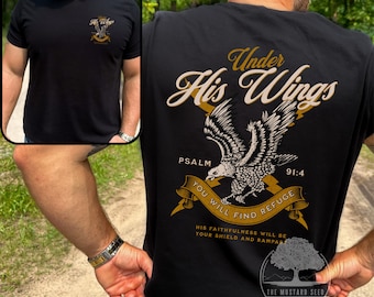 Under His Wings You Will Find Refuge Mens Christian Graphic T-shirt Mens Vintage Christian Tshirt Psalm 91 Mens Jesus Apparel Fathers Day