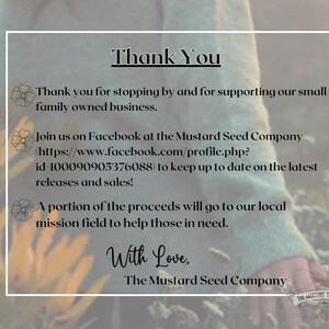 Może przedstawiać: Dziękuję. Dziękujemy za odwiedziny i wsparcie naszego małego rodzinnego biznesu. Dołącz do nas na Facebooku w Mustard Seed Company (https://www.facebook.com/profile.php?id=100090905376088), aby być na bieżąco z najnowszymi wydaniami i sprzedażą! Część dochodu zostanie przekazana na nasze lokalne pole misyjne, aby pom&oacute;c potrzebującym. Z miłością, The Mustard Seed Company