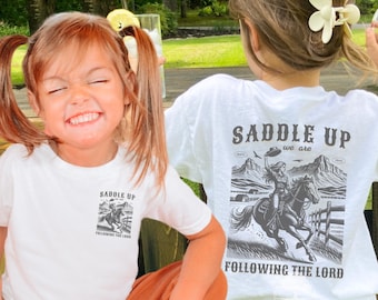 Saddle Up Kids Western Christian Tshirt Christian Western Horse Jesus Youth Shirt Jesus Tee for Youth Christian Childrens Tee Cowgirl Tee