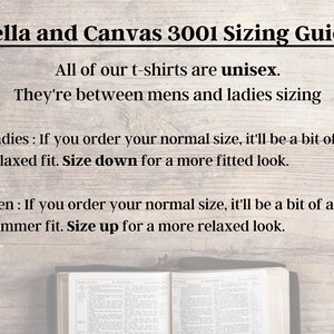 May include: Bella and Canvas 3001 Sizing Guide for unisex t-shirts. The guide explains that the shirts fit between men's and women's sizes. It recommends sizing down for a more fitted look for women and sizing up for a more relaxed look for men.