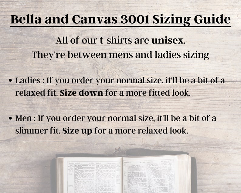 May include: Bella and Canvas 3001 Sizing Guide for unisex t-shirts. The guide explains that the shirts fit between men's and women's sizes. It recommends sizing down for a more fitted look for women and sizing up for a more relaxed look for men.