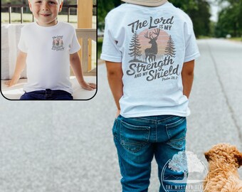 Camiseta "El Señor es mi fuerza" para niños, camiseta cristiana para jóvenes, camiseta infantil con el Salmo 28:7, camiseta cristiana para niños pequeños, camiseta con ciervo, camiseta con versículo bíblico.
