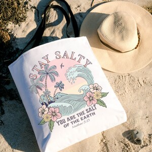 Stay Salty Christian Graphic Tote Bag for Her Cute Trendy Christian Tote Bible Verse Tote Christian Beach Inspired Tote Faith Based Tote Bag