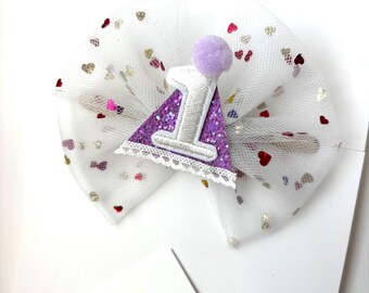 Verjaardagsstrik van confettitule – Handgemaakte haarspeld of hoofdband voor babymeisjes