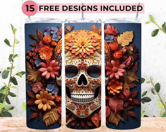 3D Skull And Flowers 20 oz Skinny Tumbler Sublimation Design | Straight & Tapered Tumbler Wrap | Instant Download PNG