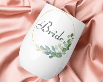 Bride White Green Floral Wine Tumbler Bachelorette Party Wedding Gift