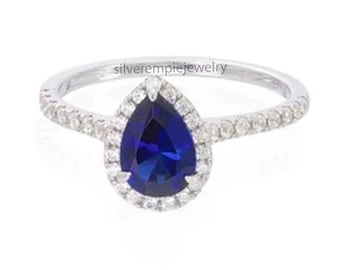 Blue Sapphire Half Eternity Ring - Pear Cut Halo Design - Sterling Silver Sapphire Ring - Dainty Micro Pave Tourmaline Promise Ring