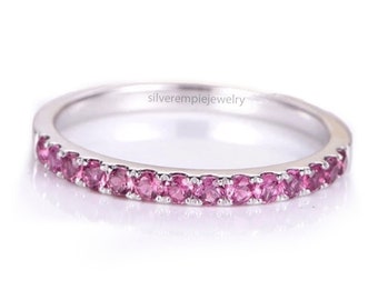 Pink Tourmaline Half Eternity Band - 925 Sterling Silver, Birthstone Ring, Vintage Half Eternity Wedding Ring, Anniversary Gift