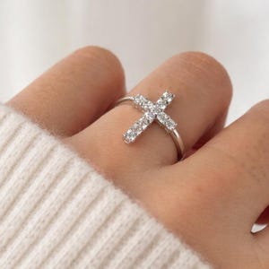 Cubic Zirconia Cross Ring in 925 Sterling Silver, Dainty Christian Ring for Women, Gold Plated Cross Ring, Minimalist Christmas Jewelry Gift
