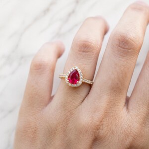 Red Ruby Halo Ring, Pear Cut Sapphire Ring, 925 Sterling Silver Promise Ring, July Birthstone Engagement Ring Gift