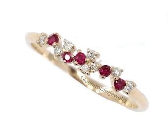 Ruby Moissanite Cluster Band: 925 Sterling Silver Wedding Band for Women, Ruby Engagement Ring, Christmas Gift for Her