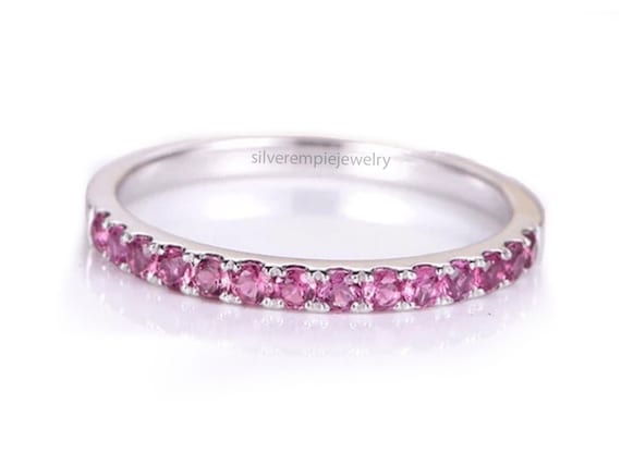 Pink Tourmaline Half Eternity Band | October Birthstone Ring | 925 Sterling Silver Anniversary Ring | Stackable Wedding Band