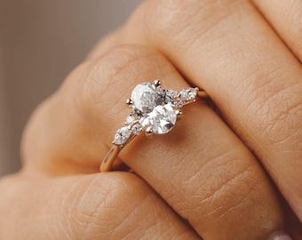 Unique Zircon Oval Cut Five Stone Engagement Ring, 925 Sterling Silver Zircon With Side Stone Wedding Ring, Promise Ring For Her